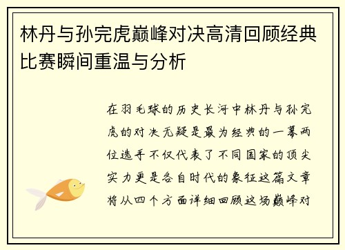 林丹与孙完虎巅峰对决高清回顾经典比赛瞬间重温与分析